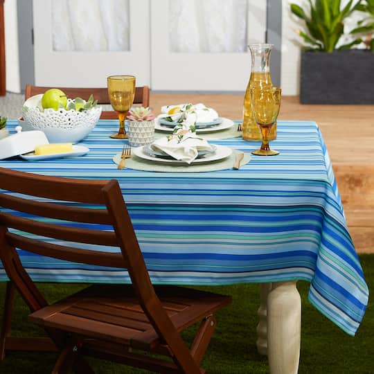 Blue Ocean Stripe Print Outdoor Tablecloth with Zipper, 60" Round